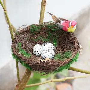 Nido de pájaro artificial, casa de pájaros de ratán, huevos de pájaro, decoraciones de Pascua en miniatura, Mini accesorio de jardín, decoración del hogar