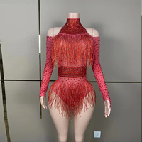 Combinaison de danse scintillante multicolore à col montant et épaules dénudées avec franges en strass, en Spandex/Nylon, pour spectacle de danse et Drag