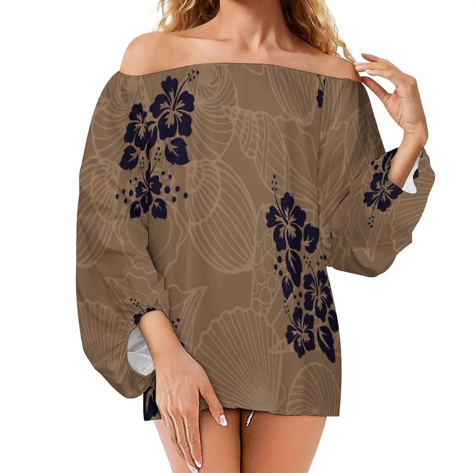brown sexy cold shoulder long sleeve loose 8XL women tops polynesian tribal design hibiscus print shirt blouse