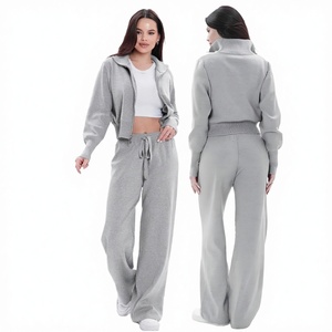 Women's Autumn Grey Fleece Anti-Bacterial Hoodies & Crop Top with Wide Leg <b>Pants</b> Tracksuit Set Stylish Athleisure Loungewear - Product Image 6