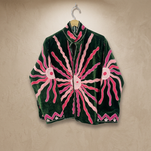 Handmade Green <b>Velvet</b> Mandarin Collar <b>Jacket</b> Pink Embroidered Floral Pattern Full Sleeve Heated Eco-Friendly 100% Cotton <b>Women's</b> - Product Image 4