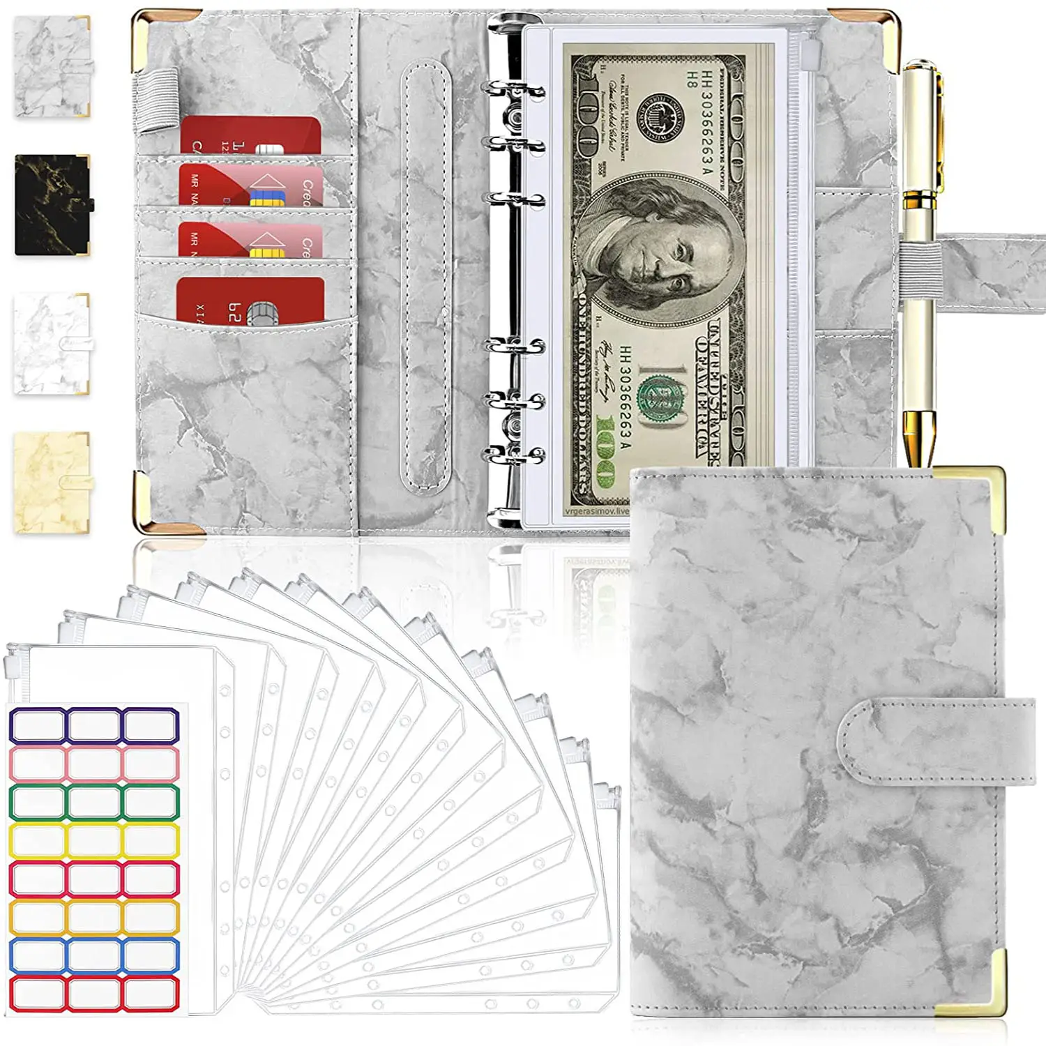 A6 PU Leather Marble Notebook Binder Budget Planner Money Organizer for Ledger Savings with 12 Zipper Envelope Pockets Stickers