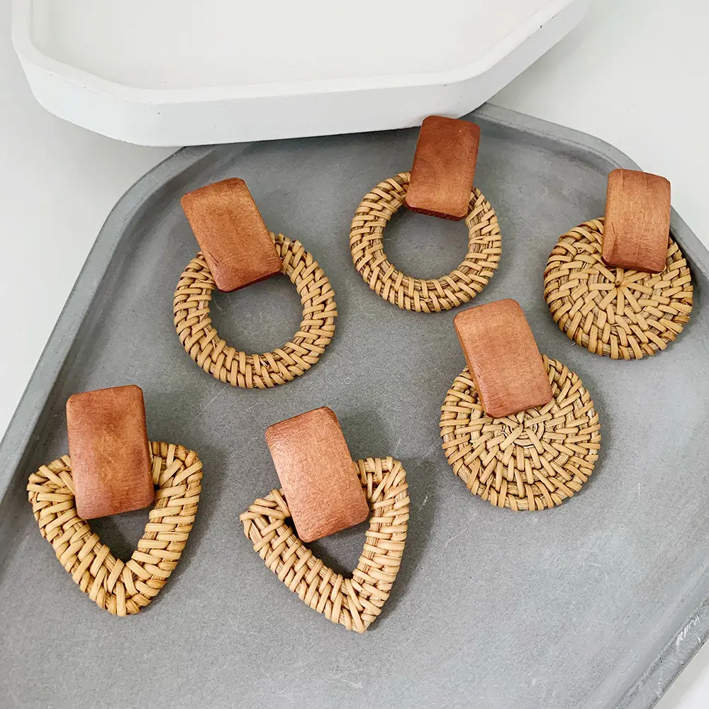 Boucles d'oreilles géométriques en bois et rotin pour femmes, boucles d'oreilles rondes de Style ethnique et Boho, accessoires bijoux,