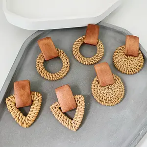 Ethnic Style Geometric Round Hoop Wooden Rattan Earrings Women Boho Earrings Jewelry