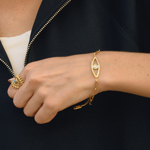 Bracelet en acier inoxydable plaqué or 18 carats avec zircon motif œil porte-bonheur, style classique, bijou cadeau - Product Image 2