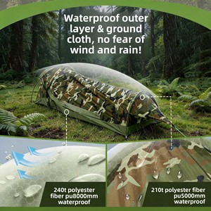 <span class=keywords><strong>Tente</strong></span> <span class=keywords><strong>tunnel</strong></span> camouflage 1 personne, imperméable PU8000mm, pour randonnée et backpacking, avec moustiquaire, poteaux en aluminium, portable - Product Image 2