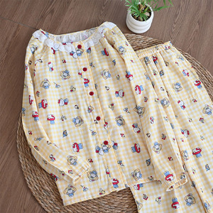 Conjunto de Ropa de Casa de Algodón Puro para las Cuatro Estaciones, Cuello Redondo, con Encaje, Antibacteriano, Manga Larga, Pantalones Largos, Estilo Juvenil - Product Image 6