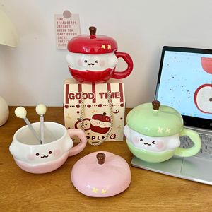 Cute Apple Ceramic Mug with Lid Porcelain Coffee Cup Gift Drinkware for Home Office - Product Image 2