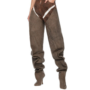 Women Super Loose Upper Over Knee High Pants Boots Pointed Toe Baggy Long <b>Booties</b> High Heels Trousers Denim Wide Fit Shoes - Product Image 1
