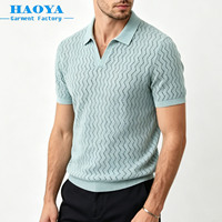 Polo en tricot pour homme, texture ondulée ajourée, manches courtes, col en V, respirant, chemise décontractée d'été