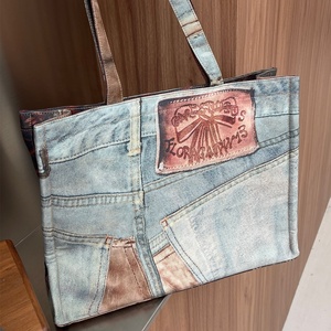 Chic <span class=keywords><strong>Patchwork</strong></span> Ripped Jeans Tote Bag con decoración fruncida Gran capacidad Moda Denim Guangzhou Cierre de cerrojo Tipo PU Forro - Product Image 2