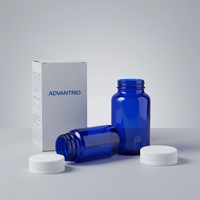En stock – Flacon en verre bleu à large ouverture de 75 ml et 200 ml pour pilules, comprimés et gélules