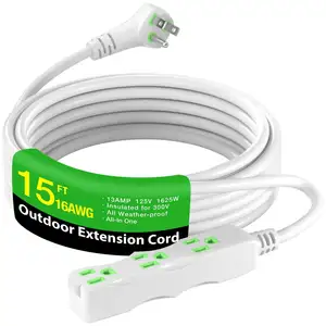 Versatile 15-Foot Extension Cord with 3-Outlet Power Strip White 16 Gauge Ideal Extention Cable for Indoor Home, Office, Kitchen