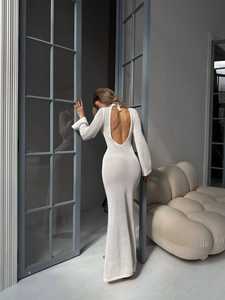 WD16 Gebreide katoenen sexy clubjurk met empiretaille, split, effen maxi-avondjurk, open rug, bohemian zeemeerminsilhouet - Product Image 2