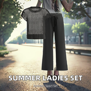 Nuevas llegadas: Conjunto deportivo casual profesional de verano para mujer, de punto, con top hasta el tobillo - Product Image 2