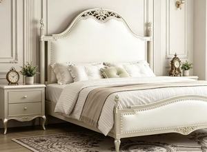 Premium Queen Size Light Champagne Spindle <b>Bed</b> With Cream Upholstered Ornate Carved Nailhead Headboard For Bedroom - Product Image 2