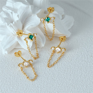 CANNER 925 Sterling Silver Geometric <b>Square</b> Round Green White <b>Diamond</b> Chain Tassel 18k Gold Plated Zircon Stud <b>Earrings</b> - Product Image 3