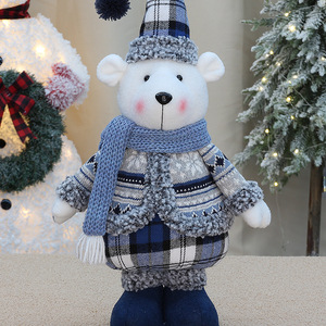 Peluches d'ours de Noël avec chapeau et écharpe à carreaux bleu marine, décoration de fête, cadeau - Product Image 3