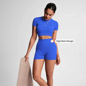 Ensemble de sport pour femmes, haut et short de yoga respirants, à séchage rapide, couleur unie, sensation de peau nue, ajustés, pour la course à pied et l'entraînement, logo personnalisé - Product Image 4