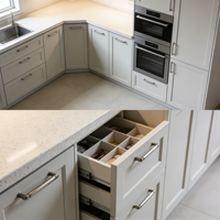 Armoires de cuisine RTA Shaker avec tiroirs à fermeture amortie et emplacements pour four encastré