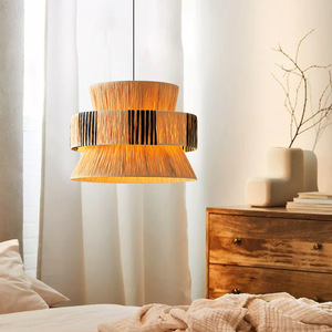 Lustre rond en raphia tissé, luminaire suspendu LED E27 pour la décoration du salon et de la chambre - Product Image 1