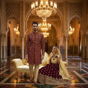 Conjunto de Lehenga Choli Indio-Pakistaní Color Granate con Pantalones Sherwani y Bordado Intenso - Product Image 5