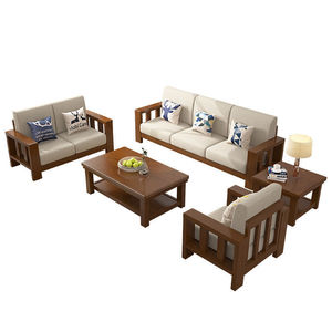 Hengke Furniture Solid Wood Sofa Set 3+2+1 Modular Living Room Fabric Sofa <b>Walnut</b> Beech Color - Product Image 4
