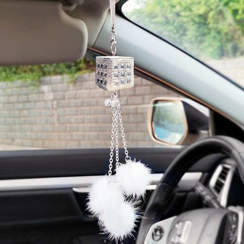 Colgante de espejo retrovisor con forma de cubo de Rubik blanco transparente.