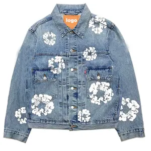 Custom Trendy High Quality Jean Jacket Wholesale With Flower Screen Printing
