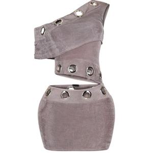 ชุดมินิเดรสสีเทาแบบเซ็กซี่ประดับวงแหวนเว้าหลัง คอเฉียง ปี 2025 สไตล์ฮิปสเตอร์สำหรับผู้หญิง - Product Image 3