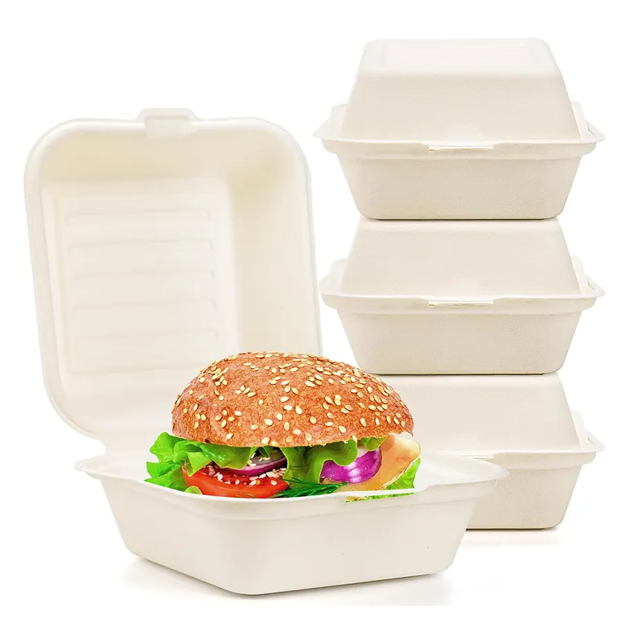 Recipientes compostáveis para viagem, bagaço de cana-de-açúcar de 6 polegadas, recipientes para comida, caixas para hambúrguer, salada, bolo, sanduíches