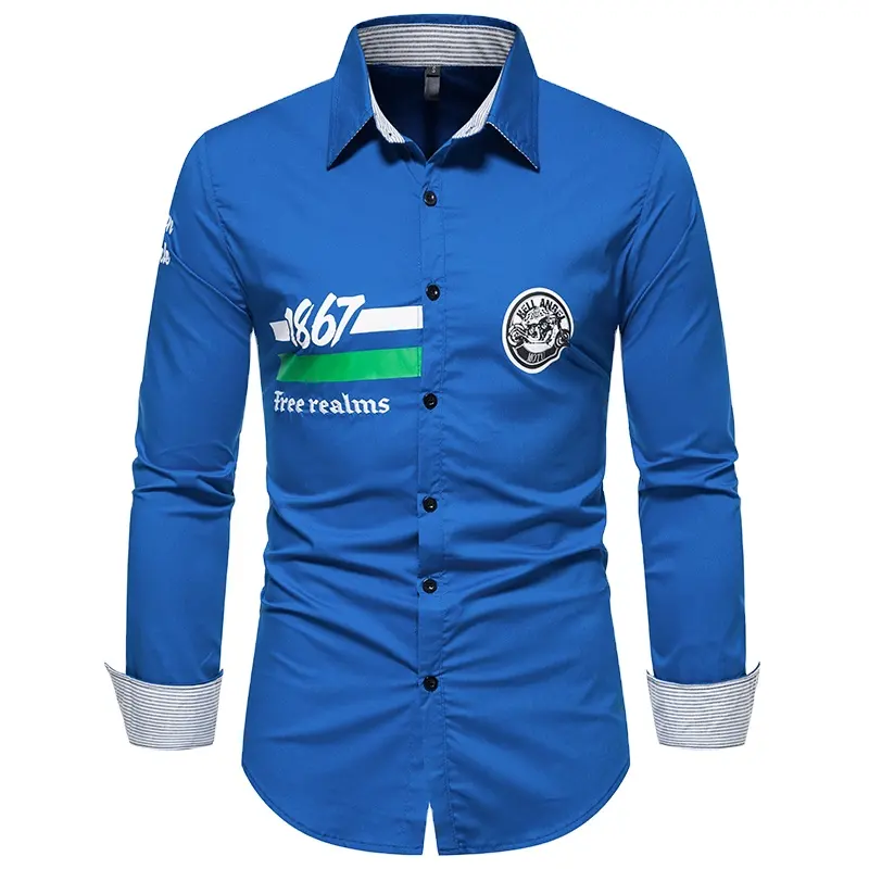 wholesale custom embroidery printed Slim Men Shirt Dress Long Sleeve Turn Down Collar Single breasted Polo Business Shirt Top
