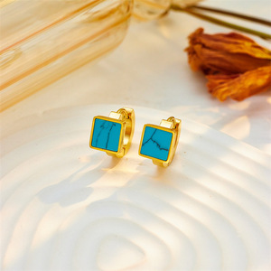 Geometric Square Turquoise Huggie Earrings Gold Stainless Steel Bezel Setting Fashion Stud Earrings - Product Image 2