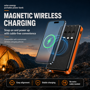 Batterie <span class=keywords><strong>solaire</strong></span> portable 10000mAh, <span class=keywords><strong>chargeur</strong></span> intégré avec câble, charge sans fil magnétique et lampe de camping LED - Product Image 5
