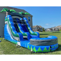 Toboggan aquatique gonflable de 22 pieds en marbre bleu irisé avec piscine, grand toboggan aquatique gonflable en forme de palmier, PVC commercial certifié CE