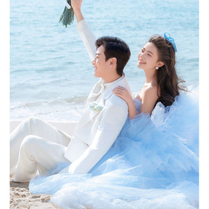 Seaside Blue Wedding Dress Sweetheart Neckline Empire Waist Tulle Ball Gown Princess Style For Beach Wedding - Product Image 3