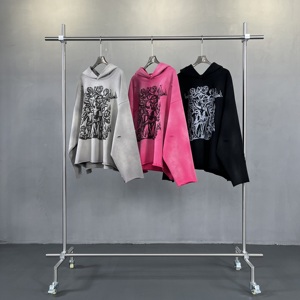 Sweat à capuche personnalisé surdimensionné, épais (450g), style vintage, tendance urbaine, avec découpe irrégulière en forme de T, bordure style <span class=keywords><strong>rap</strong></span> et imprimé style ancien - Product Image 4