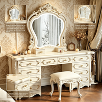 Coiffeuse de style français avec panneaux décoratifs, grande table de maquillage, miroir LED et tabouret – Meubles de chambre à coucher – Vente en gros Chine