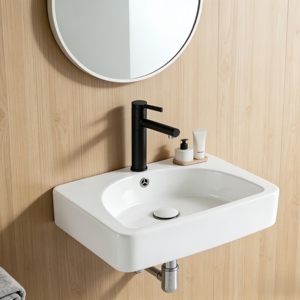 China Factory Sanitary Ware Montado en la pared con grifo Fregaderos de baño Colgante de pared Rectangular Rock Plate Lavabo - Product Image 1