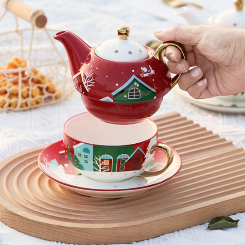 【新品未使用】 クリスマスオーナメントとティーポットセット クリスマス柄の磁器製一人用携帯茶器セット、ティーポット、ティー