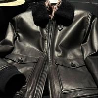 Manteau en cuir pour homme, noir, en véritable peau de mouton, doublure en fourrure épaisse, style aviateur, vintage, patchwork, pour l'automne