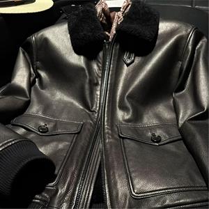 Manteau en cuir pour homme, noir, en véritable peau de mouton, doublure en fourrure épaisse, style aviateur, vintage, <span class=keywords><strong>patchwork</strong></span>, pour l'automne - Product Image 2
