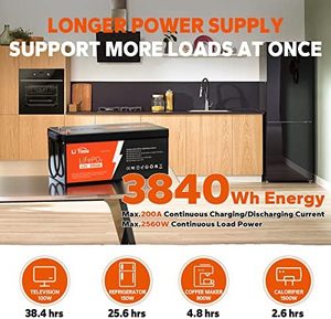 Paquete de Baterías de 12V 300Ah, BMS de 200A, 15000 Ciclos, Mayor Densidad de Energía, Paquete de Baterías Recargables de Iones de Litio de 15000 - Product Image 3