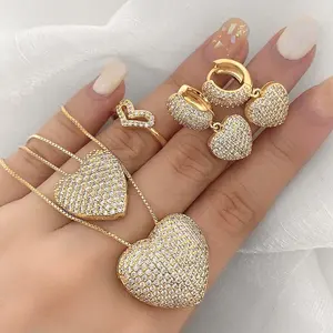 Full Pave Zirconia 5pcs Jewelry Sets, Heart Pendant Necklace, Earrings and Rings Gold Plated Jewelry Set for Women