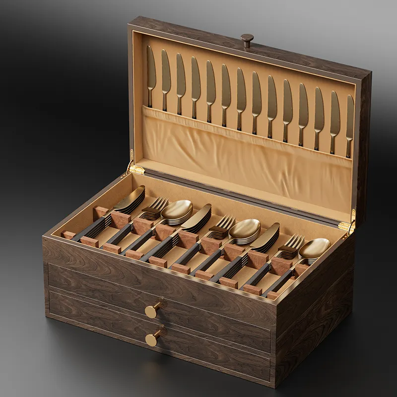 Custom Luxury Dinner Set Storage Wooden Box Tableware Setting Cutlery Silverware Knives And Forks Box