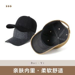 Casquette de baseball en laine pour homme, noire, couleur unie, chaude, avec protection solaire en polaire, grande circonférence de tête, usage hivernal décontracté - Product Image 2