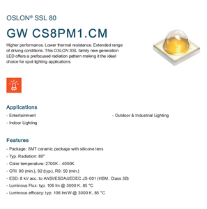 Osrams oslons SSL 80 GW CS8PM1.CM 2.85V CRI90 2700K-4000K ไฟ LED สีขาวอบอุ่น1W - Product Image 2
