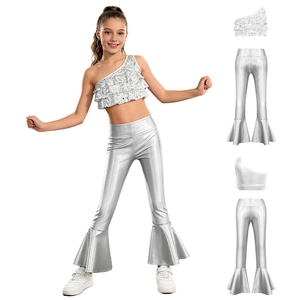 6-16 Kids Girls Stage Costumes <b>Dance</b> Performance Costume Crop Top With Bell-Bottom Metallic <b>Pants</b> Sets Stage Show Themed Parties - Product Image 4