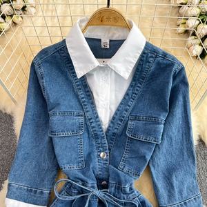 लैपल रंग पैचवर्क डेनिम ड्रेस वसंत शरद ऋतु ऋतु ऋतु ऋतु के नए कोरियन संस्करण - Product Image 2