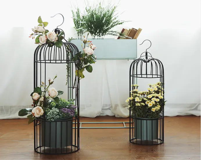 2 Set Modern Stil Metal Tel Kuş Kafesi Şekli demir çiçek saksı çiçeklik Pot Bahçe Dekor Için
